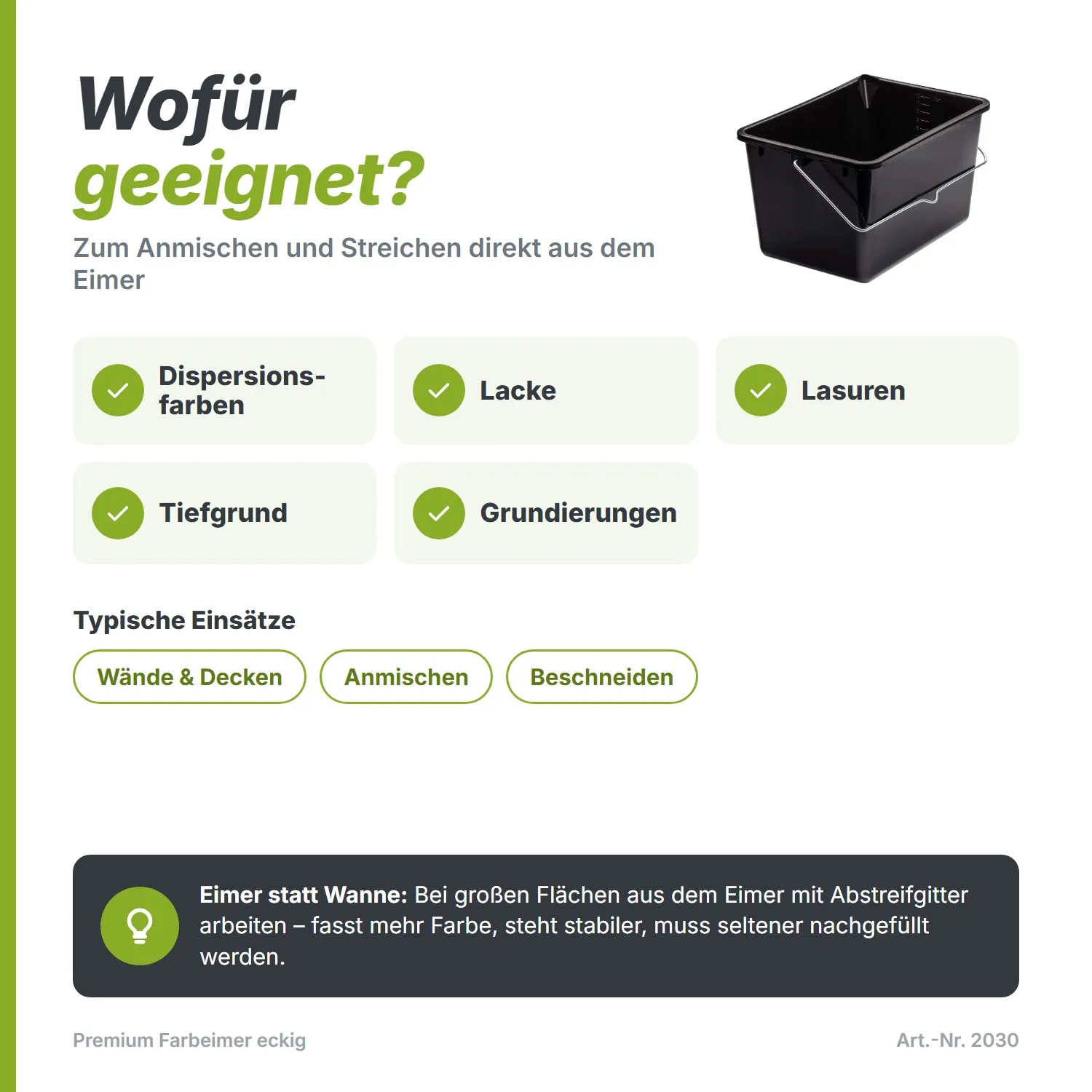 Premium Farbeimer (12 Liter) – Eckig, für 25-cm-Walzen
