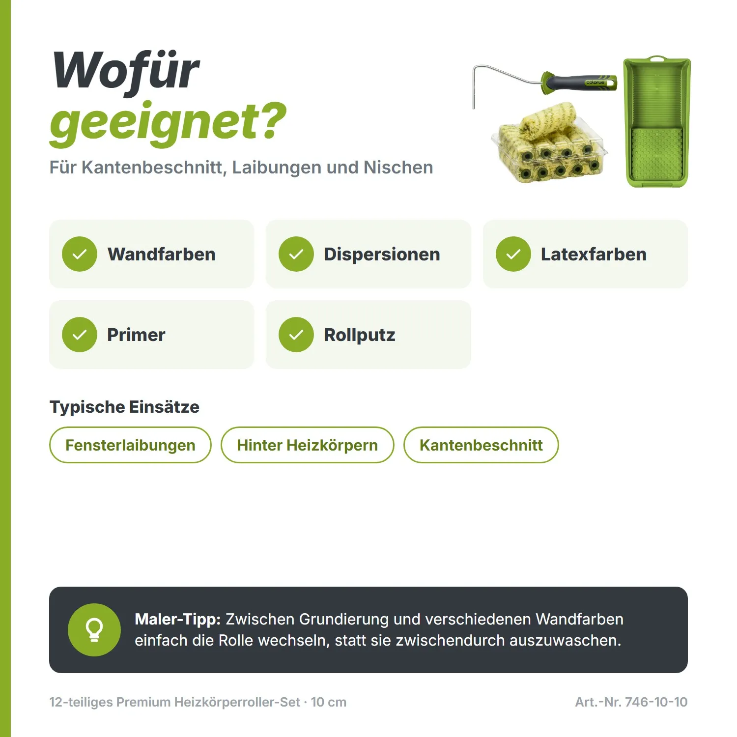 12-teiliges Premium Heizkörperroller-Set (10 cm) – Spinnfaser inkl. 2K-Bügel & Farbwanne