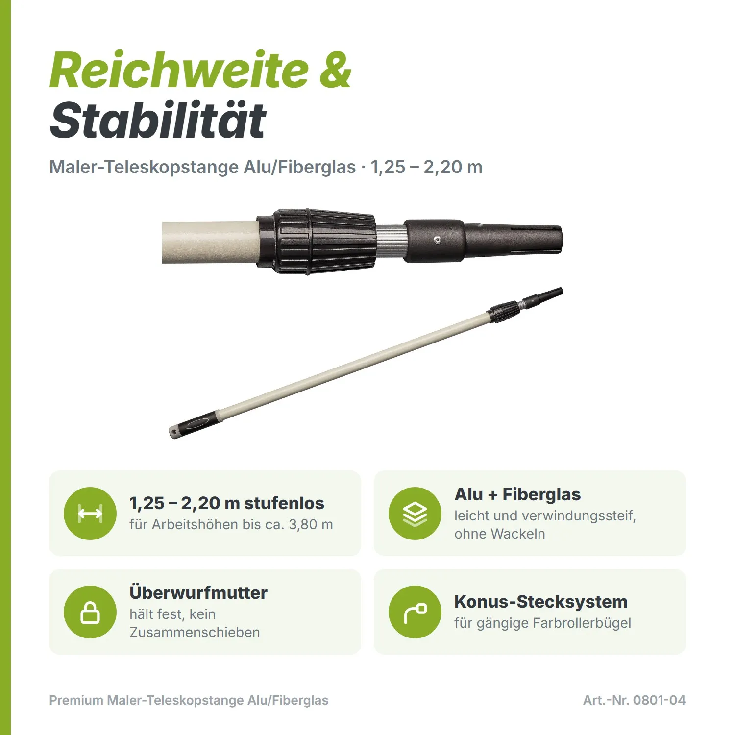 Premium Maler-Teleskopstange Alu/Fiberglas (1,25 – 2,20 m) – Stufenlos verstellbar