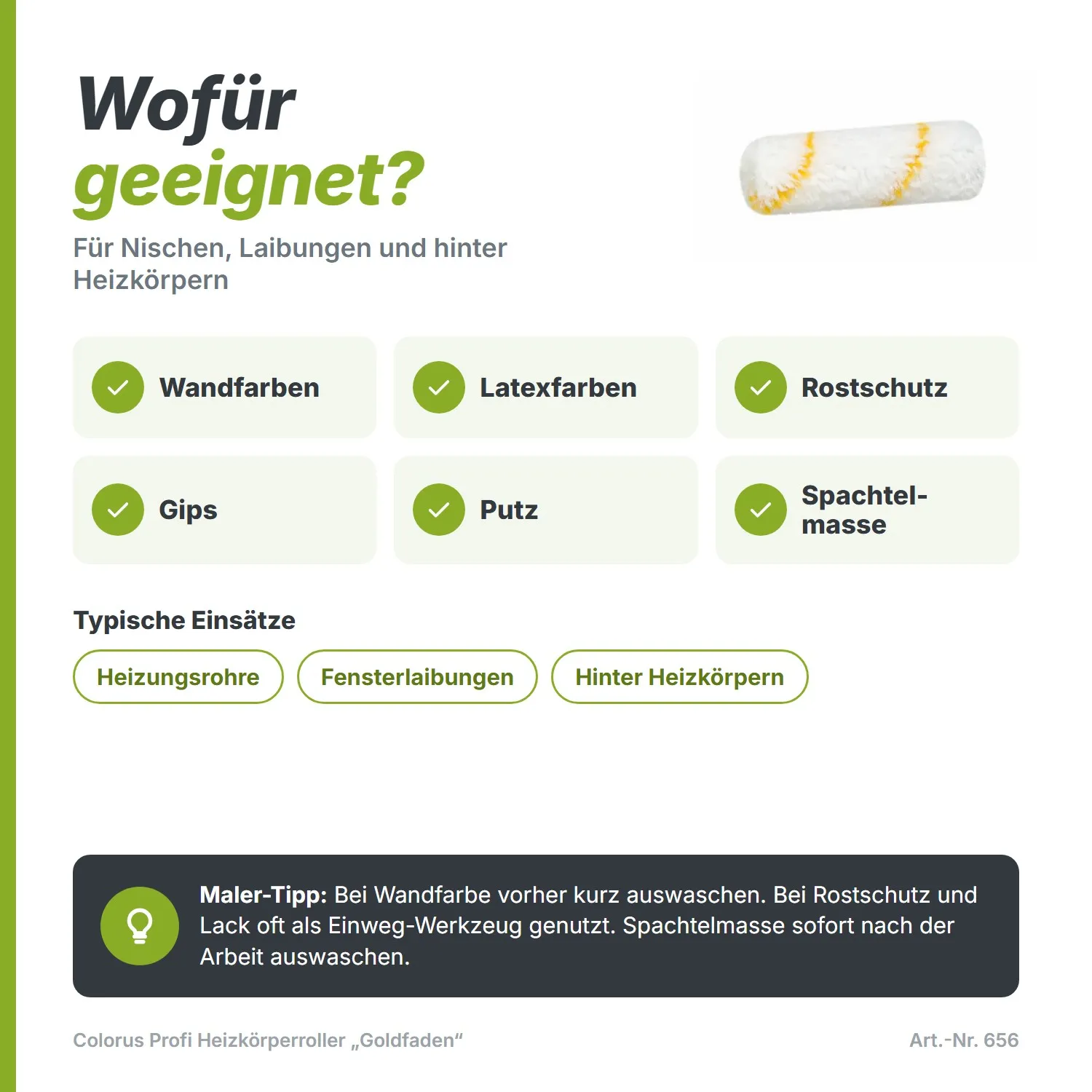 Colorus Profi Heizkörperroller „Goldfaden“ (15 cm) – Extra breit & robust (12 mm Flor)