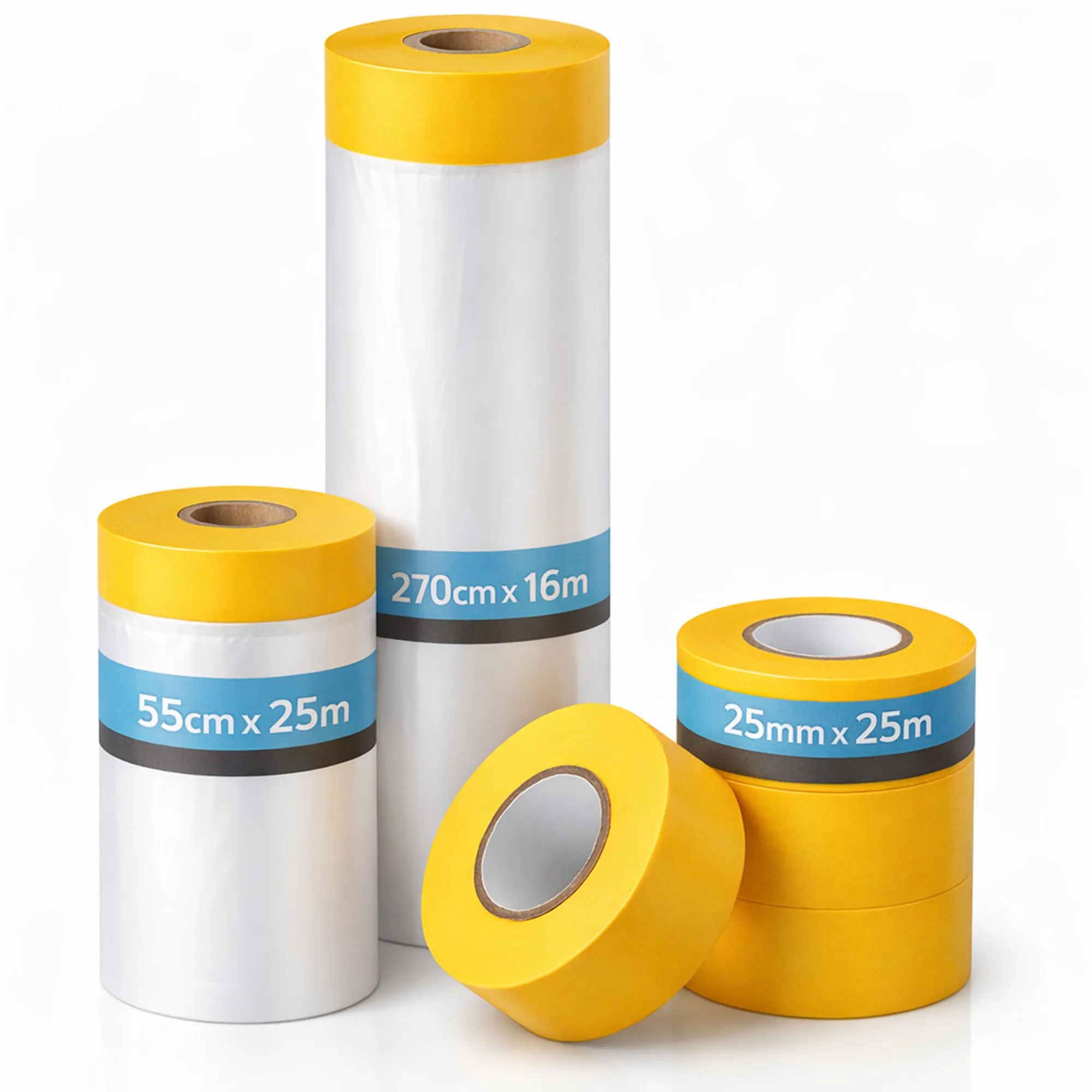 Mamba Abklebeband-Set 6-teilig | 2x Abdeckfolie (270 cm × 16 m & 55 cm × 25 m) | 4x Goldband 25 mm × 25 m