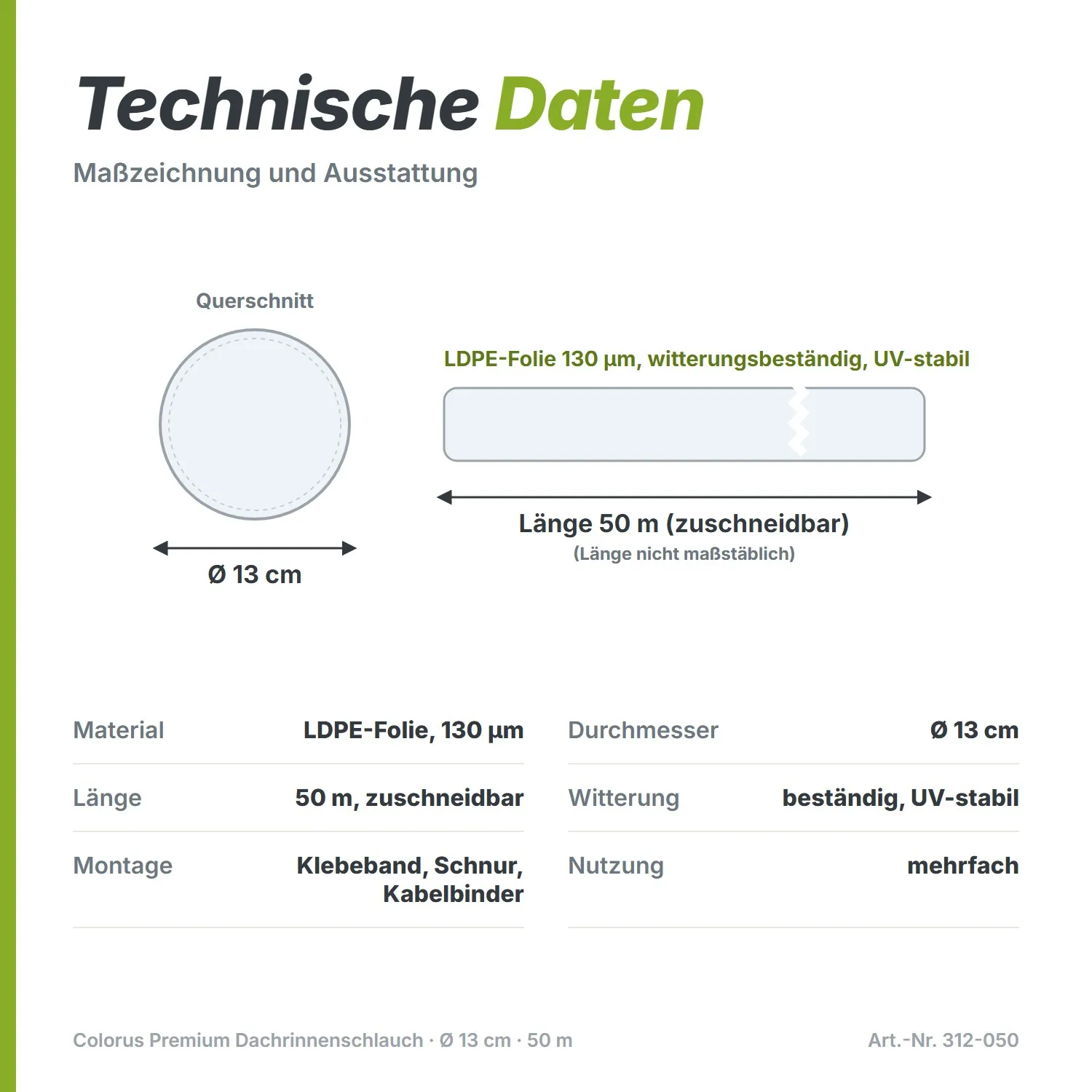 Colorus Premium Dachrinnenschlauch bzw. Fallrohrersatz 130µm LDPE Ø 13cm x 50m