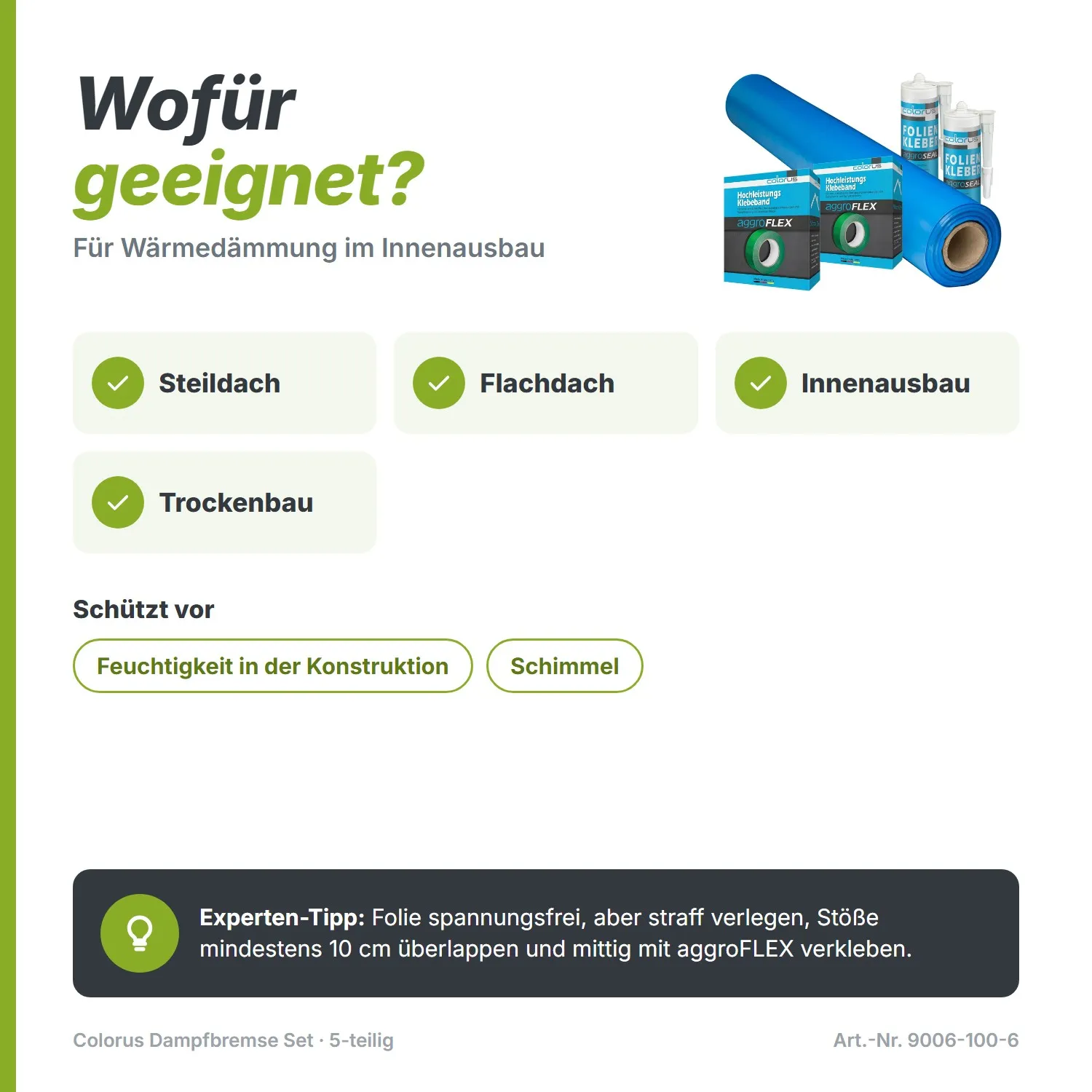 Colorus Dampfbremse Set Dampfsperrfolie 4 x 25m inkl. 2x Aggro Flex Tape und 2x Folienkleber für 100m² | Dampfbremsfolie Dampfsperre mit Klebeband für Dampfsperre und Dampfsperre Kleber Dachfolie