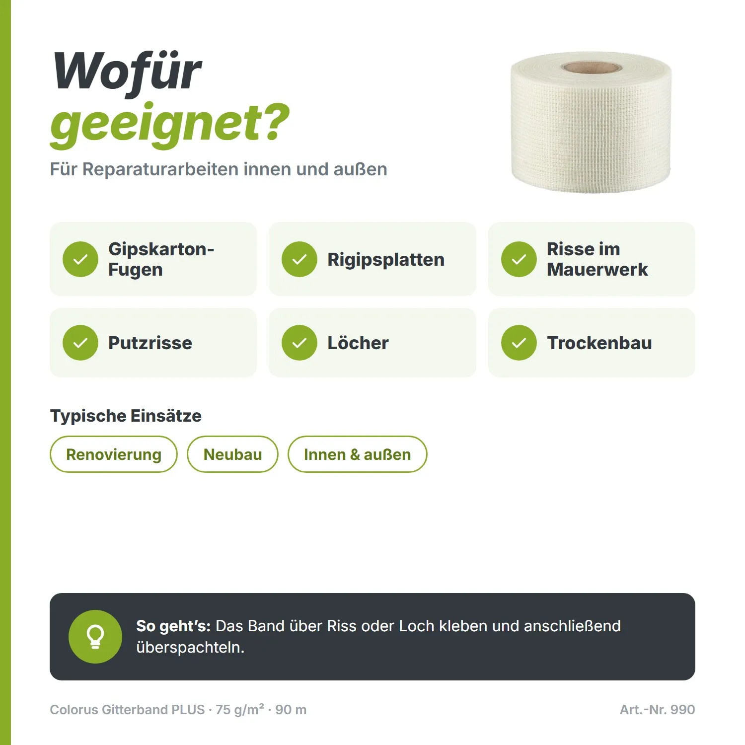 Premium Gitterband 75g/m² Glasfaser Gewebeband 90m x 100mm