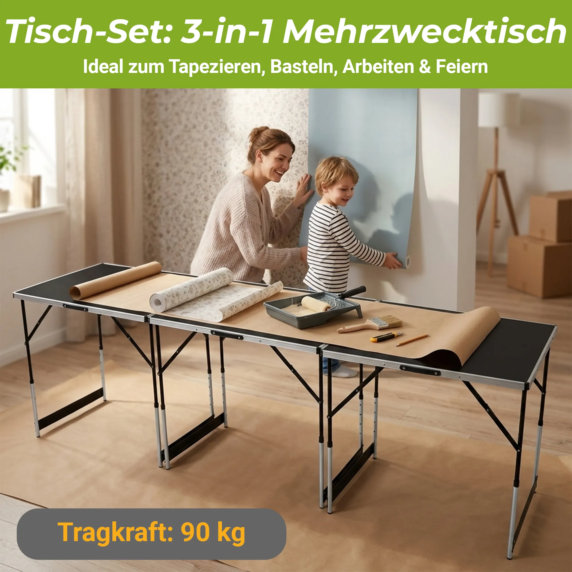 Mamba Tapeziertisch Set 3-teilig | Klappbar & Höhenverstellbar | 90 kg Gesamttragkraft