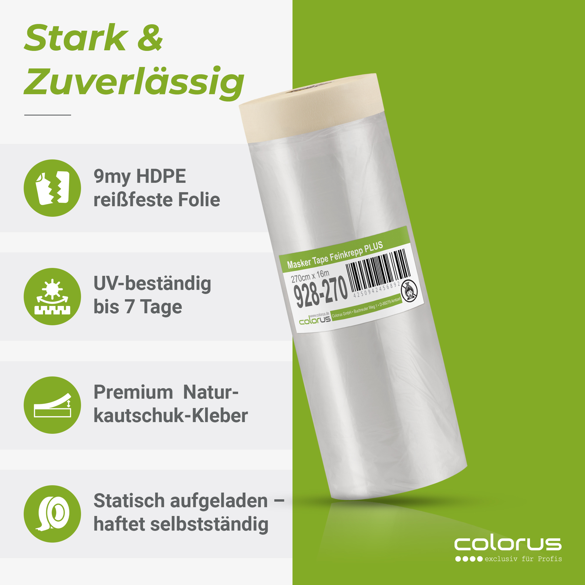 Colorus Premium Folien Masker Tape Kreppband mit Abdeckfolie 270cm x 16m Colorus Premium Folien Masker Tape Kreppband mit Abdeckfolie 270cm x 16m