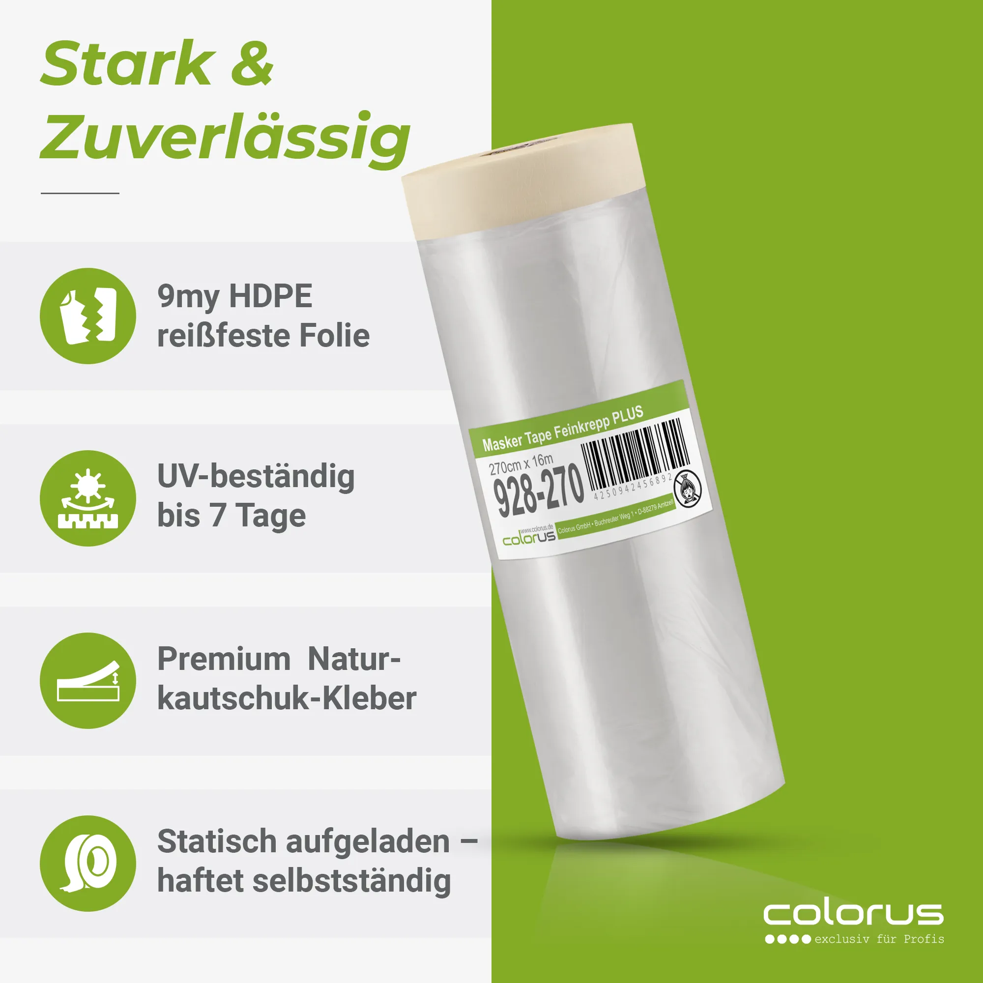 Colorus Premium Folien Masker Tape Kreppband mit Abdeckfolie 270cm x 16m