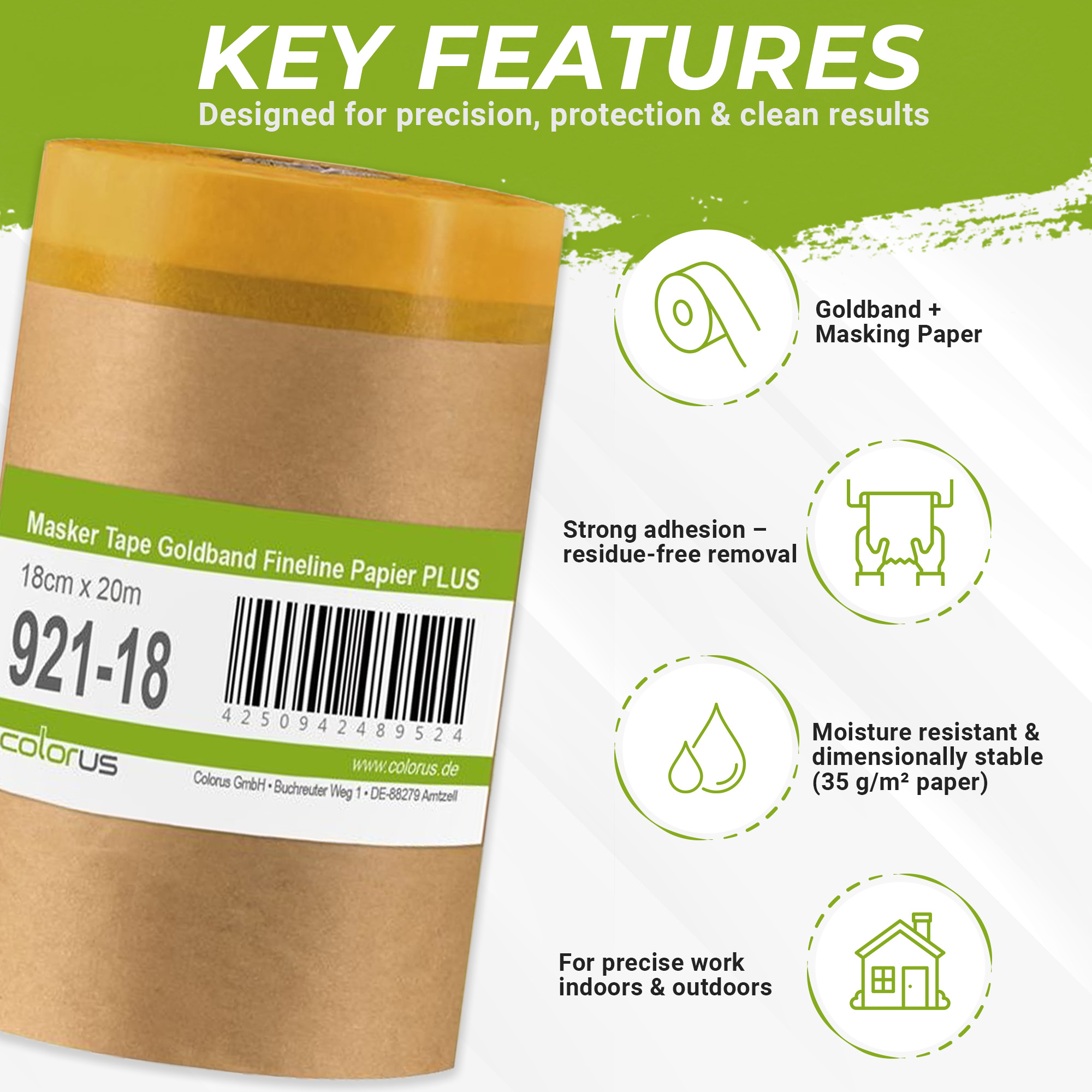 Colorus Premium Papier Masker Tape Goldband Fineline UV 30 18cm x 20m