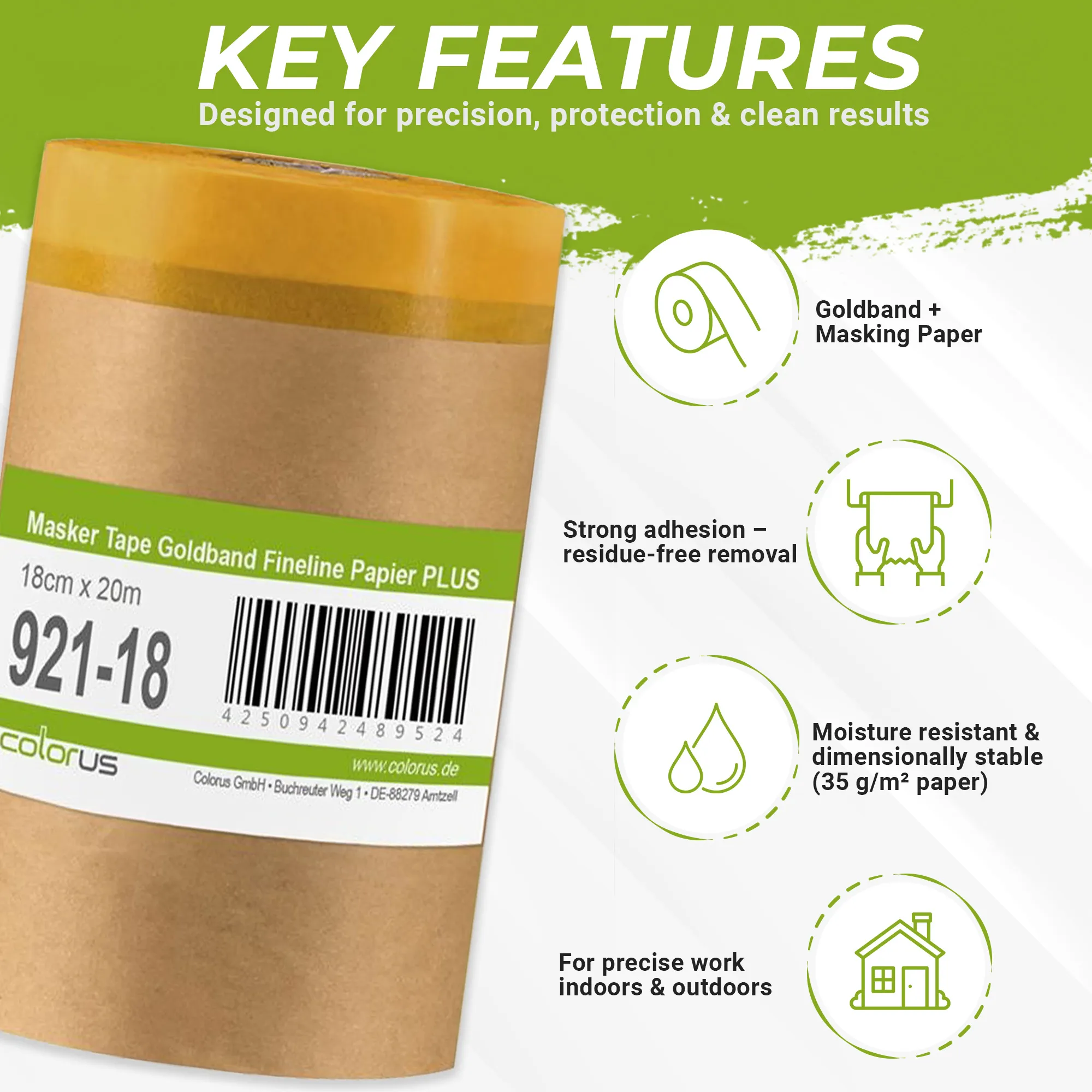 Colorus Premium Papier Masker Tape Goldband Fineline UV 30 18cm x 20m