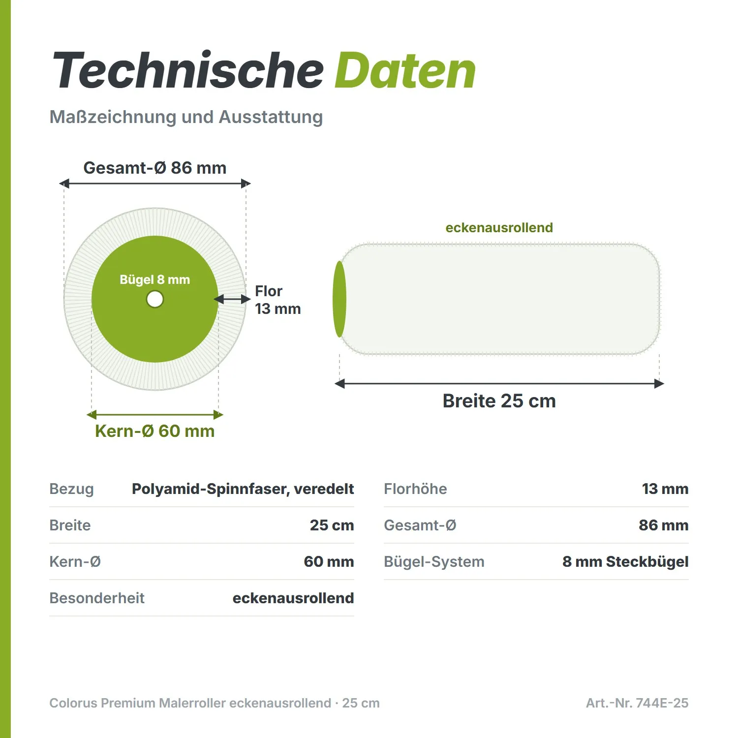 Maßzeichnung Malerroller: Breite 25 cm, Kern 60 mm, Gesamtdurchmesser 86 mm, Flor 13 mm