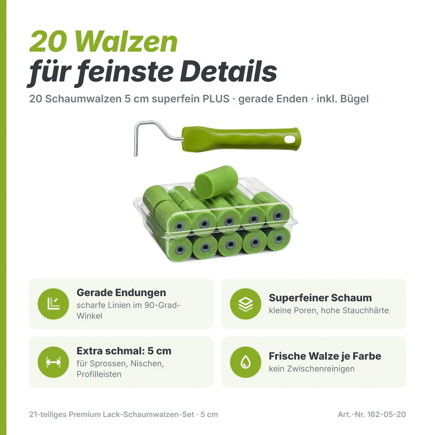 21-teiliges Premium Lack-Schaumwalzen-Set (5 cm) – Superfein, Gerade & inkl. Bügel