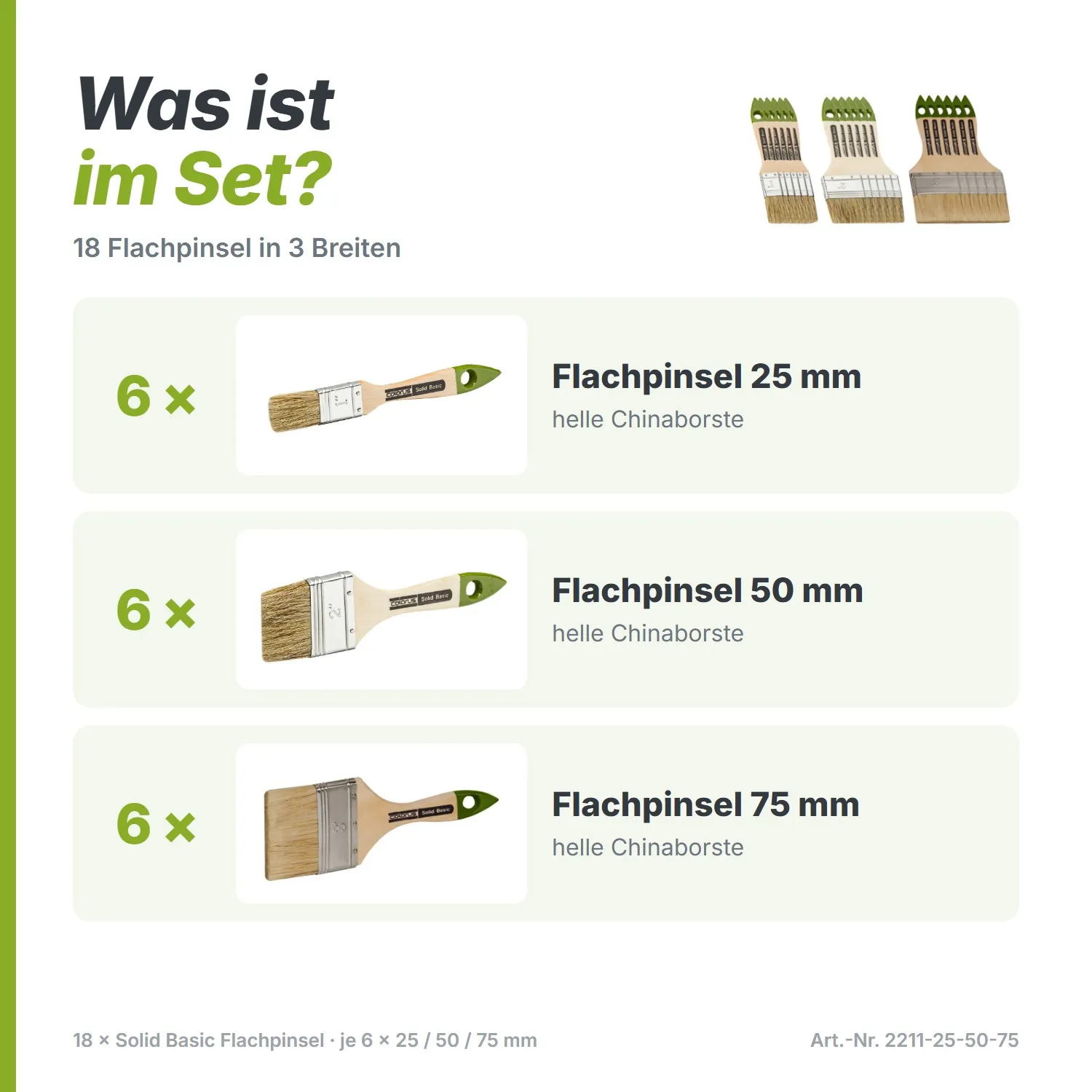 18 x  Solid Basic Flachpinsel je 6 Stück 25mm 50mm 75mm