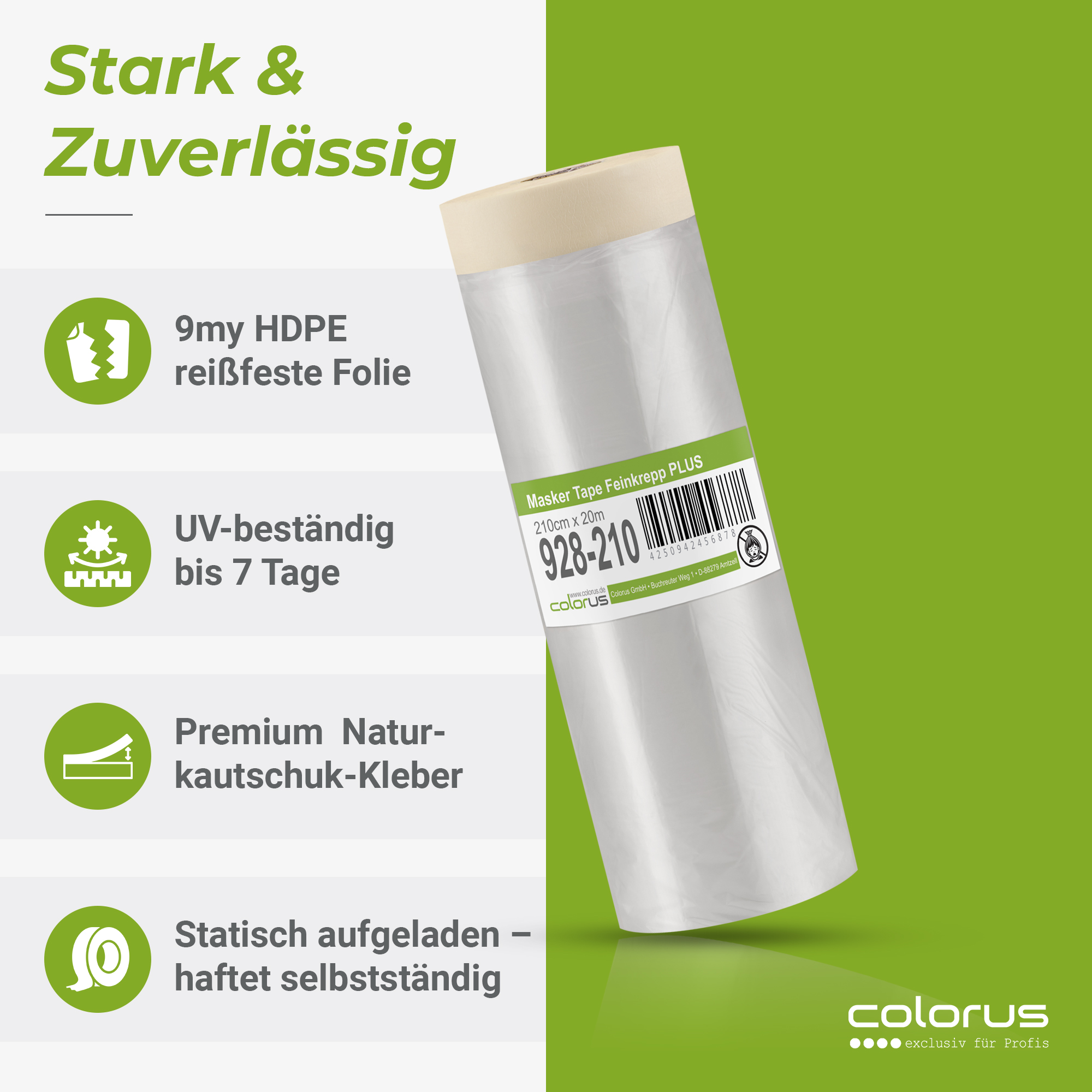 Colorus Premium Folien Masker Tape Kreppband mit Abdeckfolie 210cm x 20m Colorus Premium Folien Masker Tape Kreppband mit Abdeckfolie 210cm x 20m