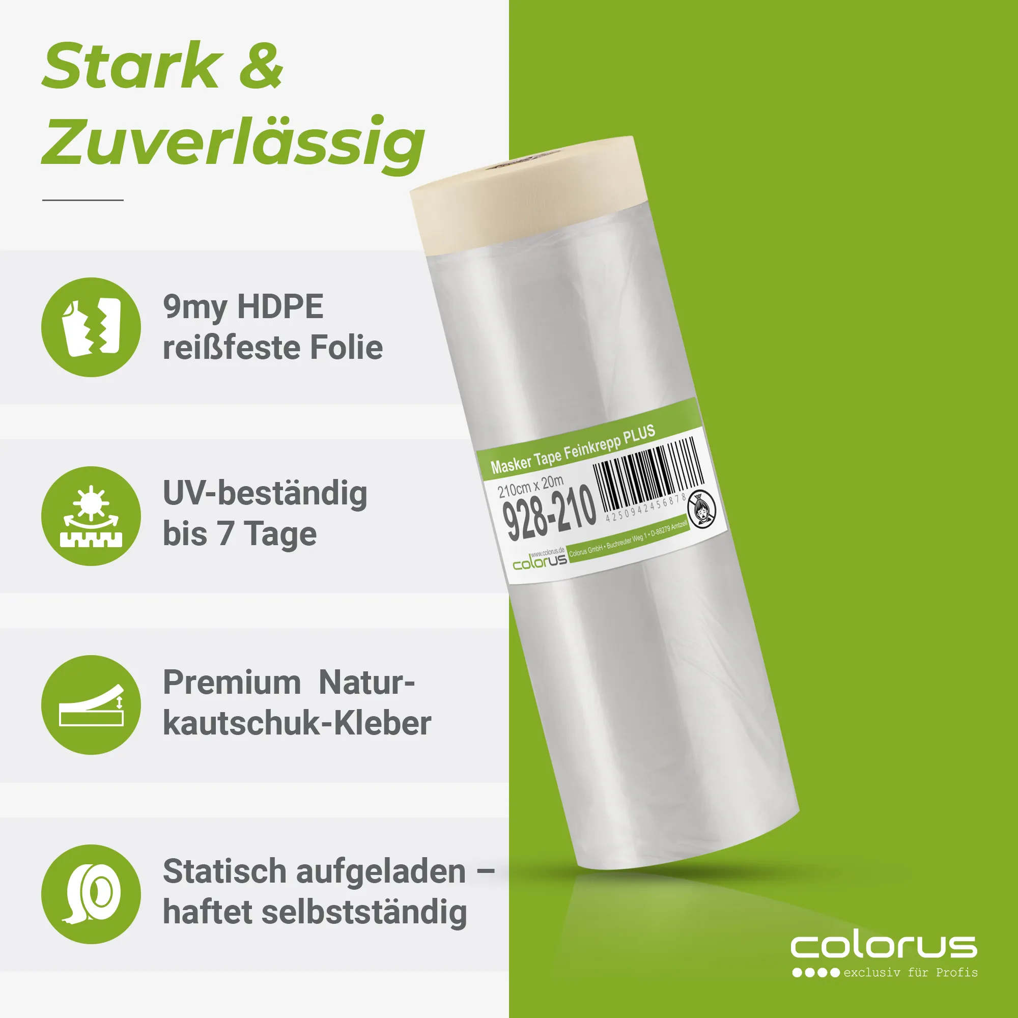 Colorus Premium Folien Masker Tape Kreppband mit Abdeckfolie 210cm x 20m