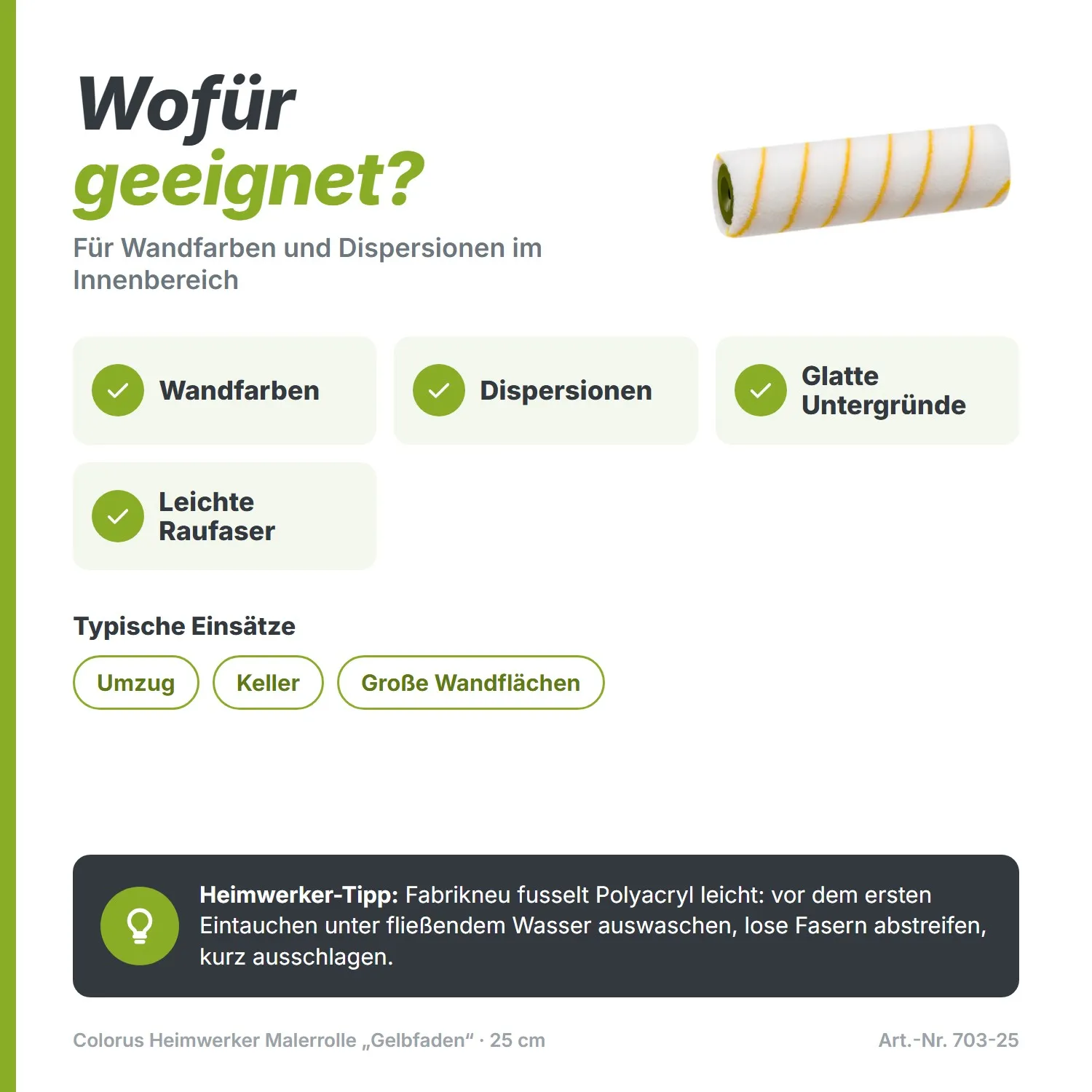 Colorus Heimwerker Malerrolle „Gelbfaden“ (25 cm) – Preiswert & solide (12 mm Flor)