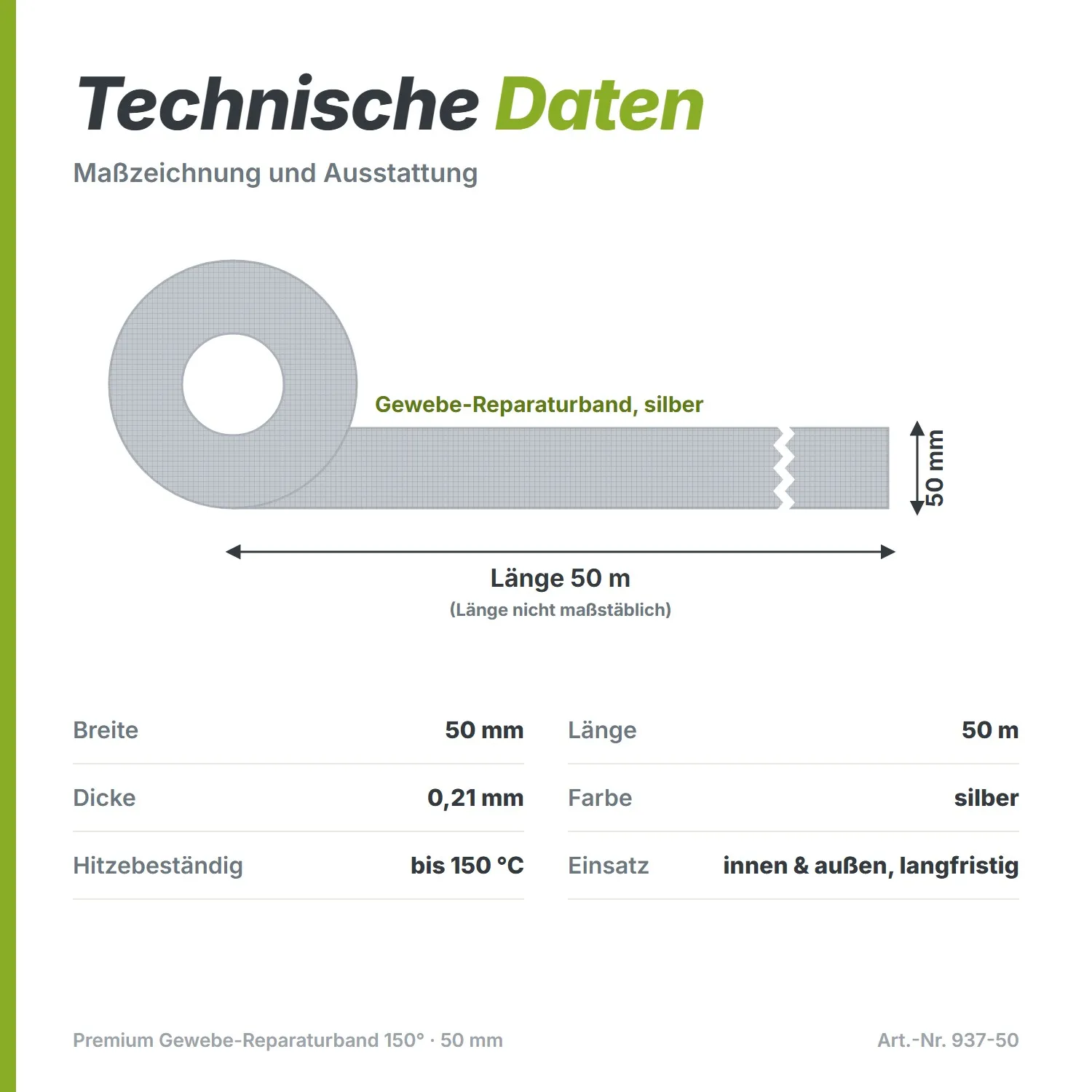 Premium Gewebeband 150° Reparaturband silber 50m x 50mm