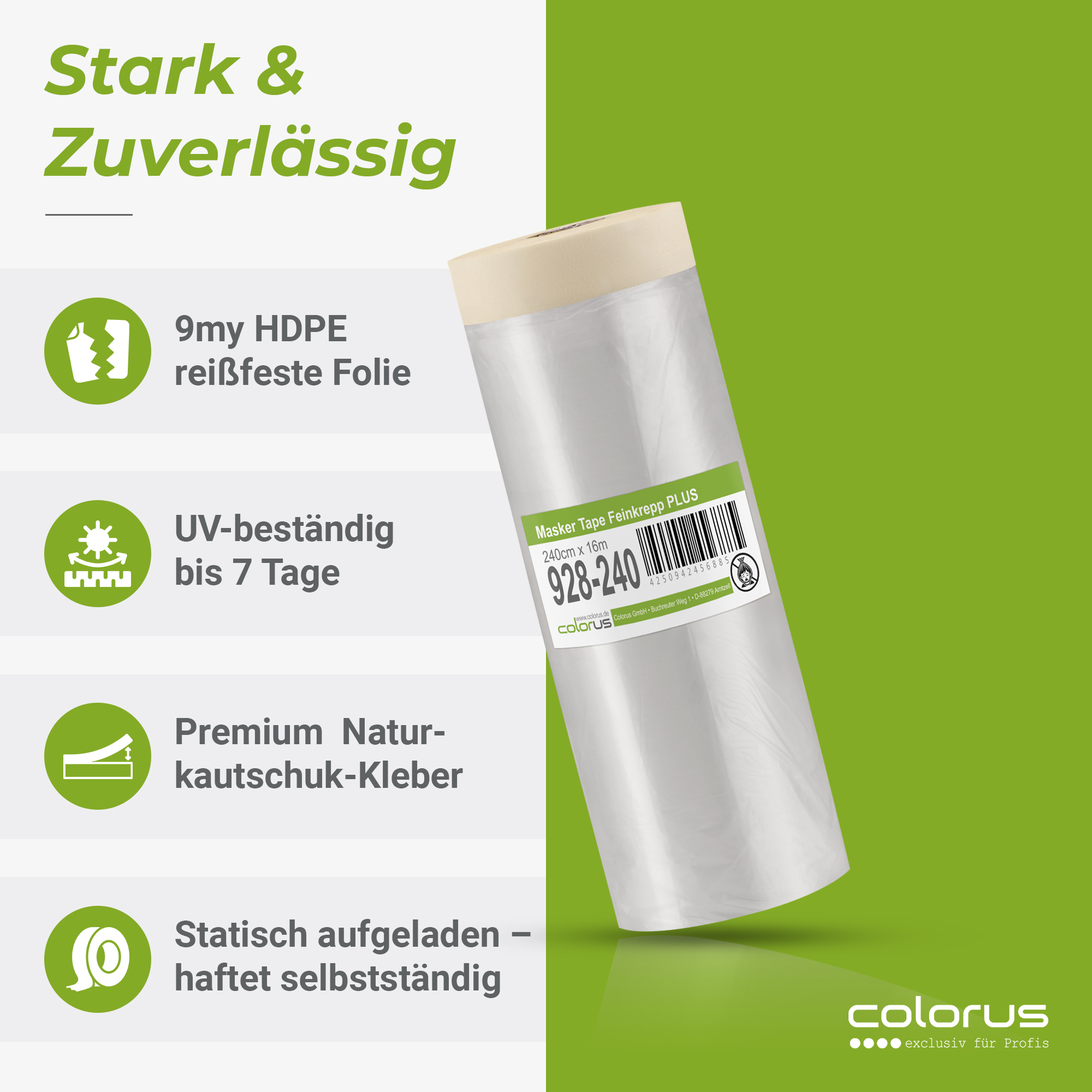 Colorus Premium Folien Masker Tape Kreppband mit Abdeckfolie 240cm x 16m