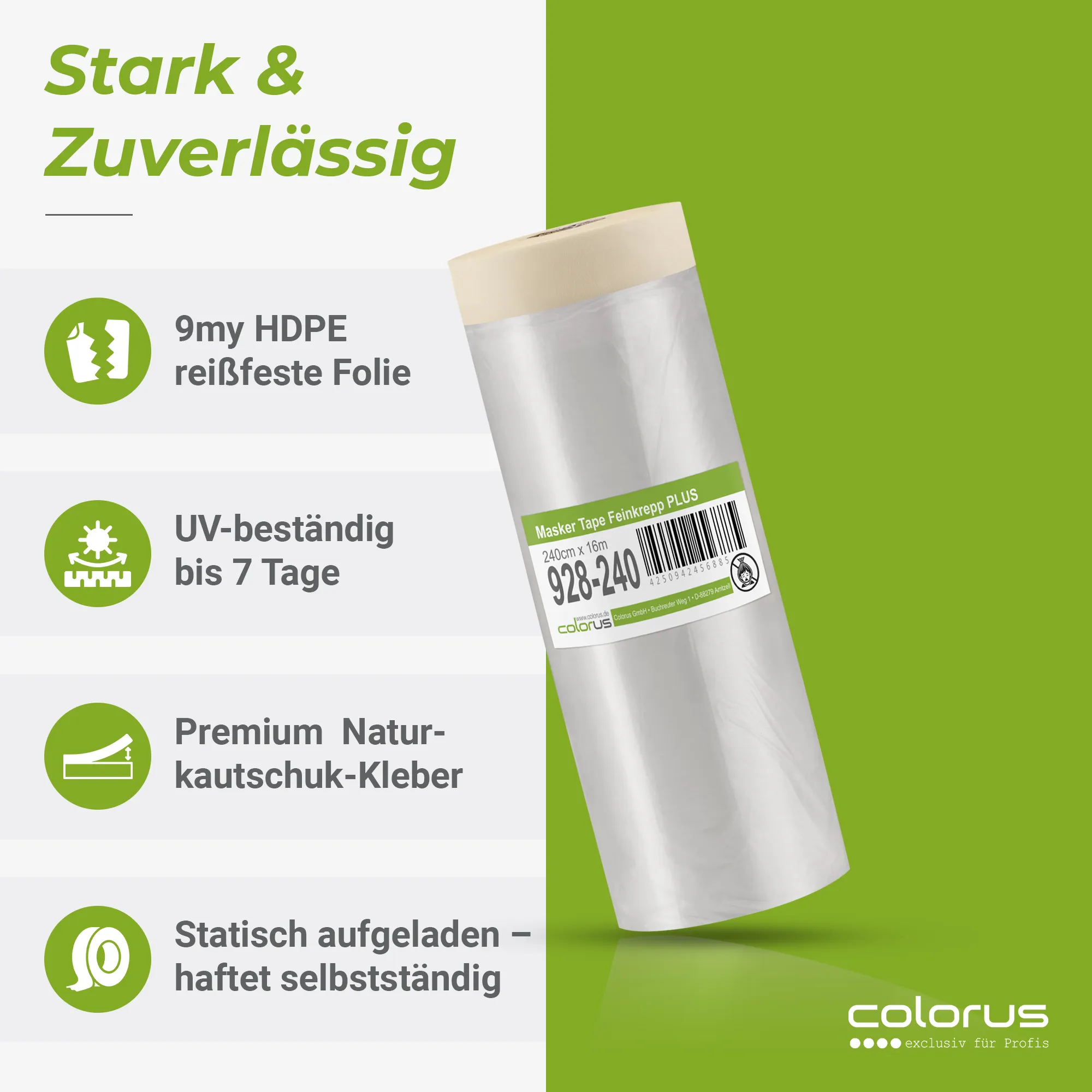 Colorus Premium Folien Masker Tape Kreppband mit Abdeckfolie 240cm x 16m