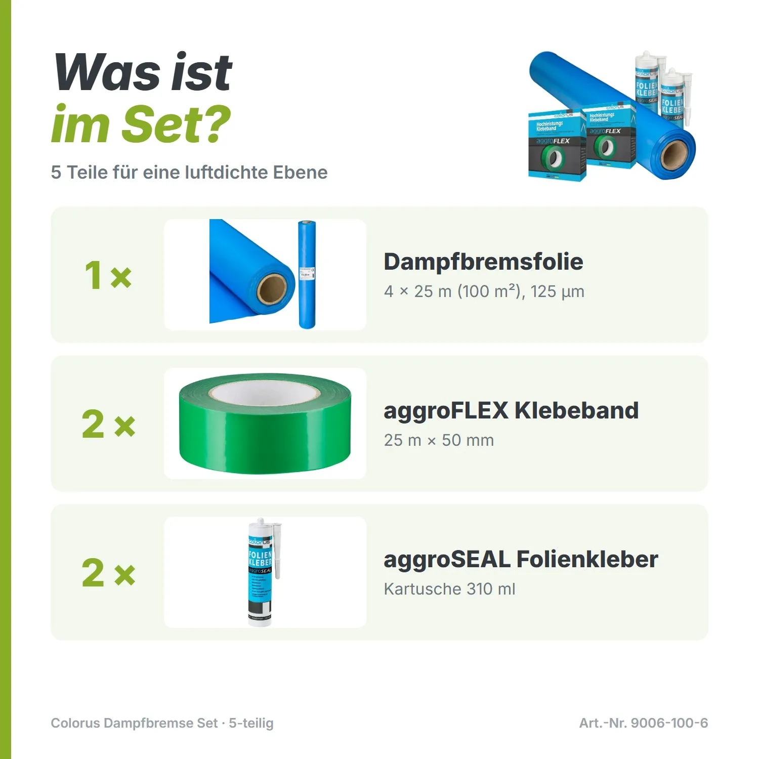Colorus Dampfbremse Set Dampfsperrfolie 4 x 25m inkl. 2x Aggro Flex Tape und 2x Folienkleber für 100m² | Dampfbremsfolie Dampfsperre mit Klebeband für Dampfsperre und Dampfsperre Kleber Dachfolie