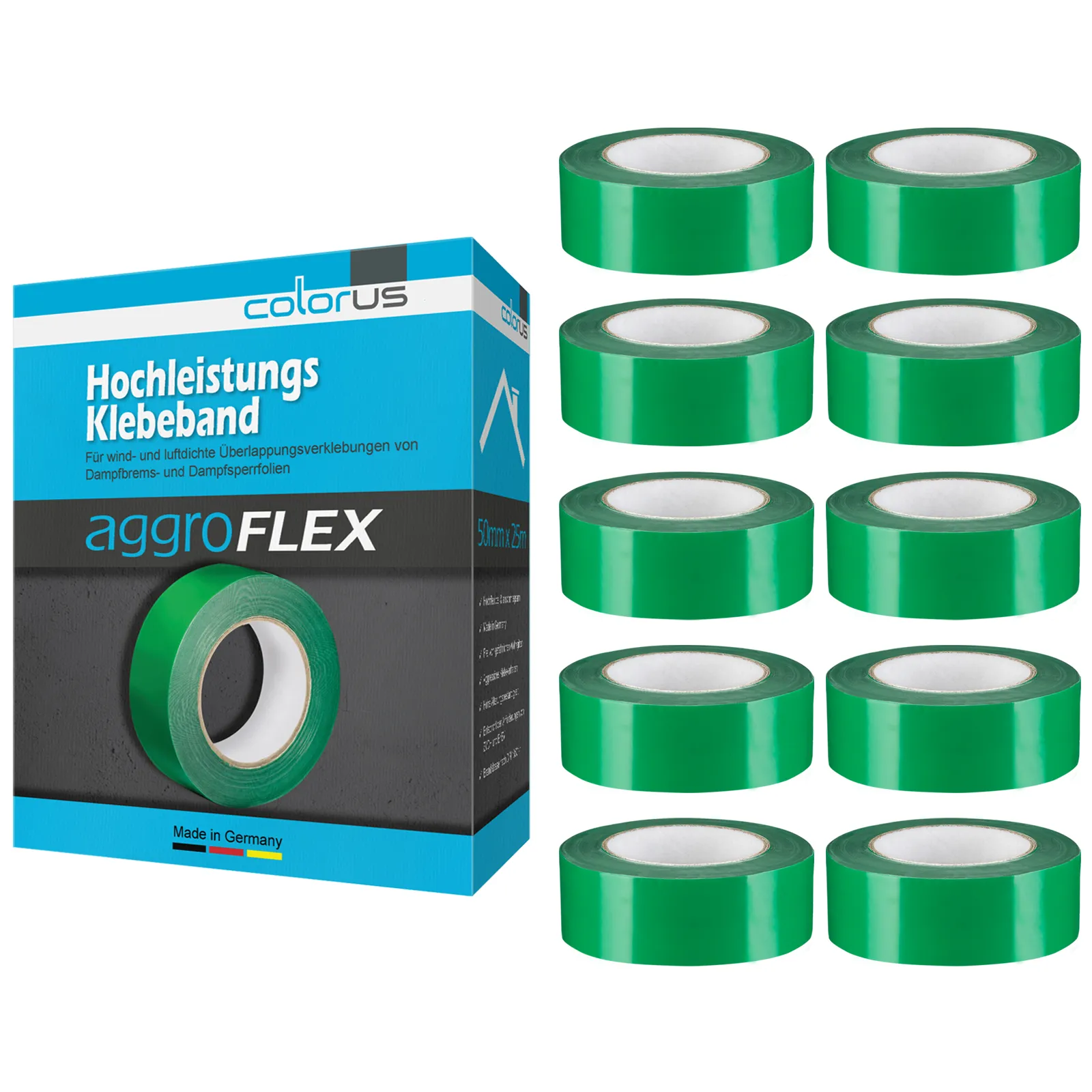 Colorus Aggroflex Dampf­sperrfolien-Klebeband 50 mm x 25 m – 10er Set Profi-Folieband für Dampfsperren & Dampfbremsen, extra stark & luftdicht