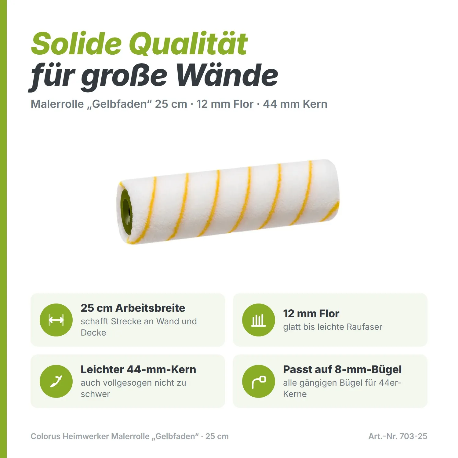 Colorus Heimwerker Malerrolle „Gelbfaden“ (25 cm) – Preiswert & solide (12 mm Flor)