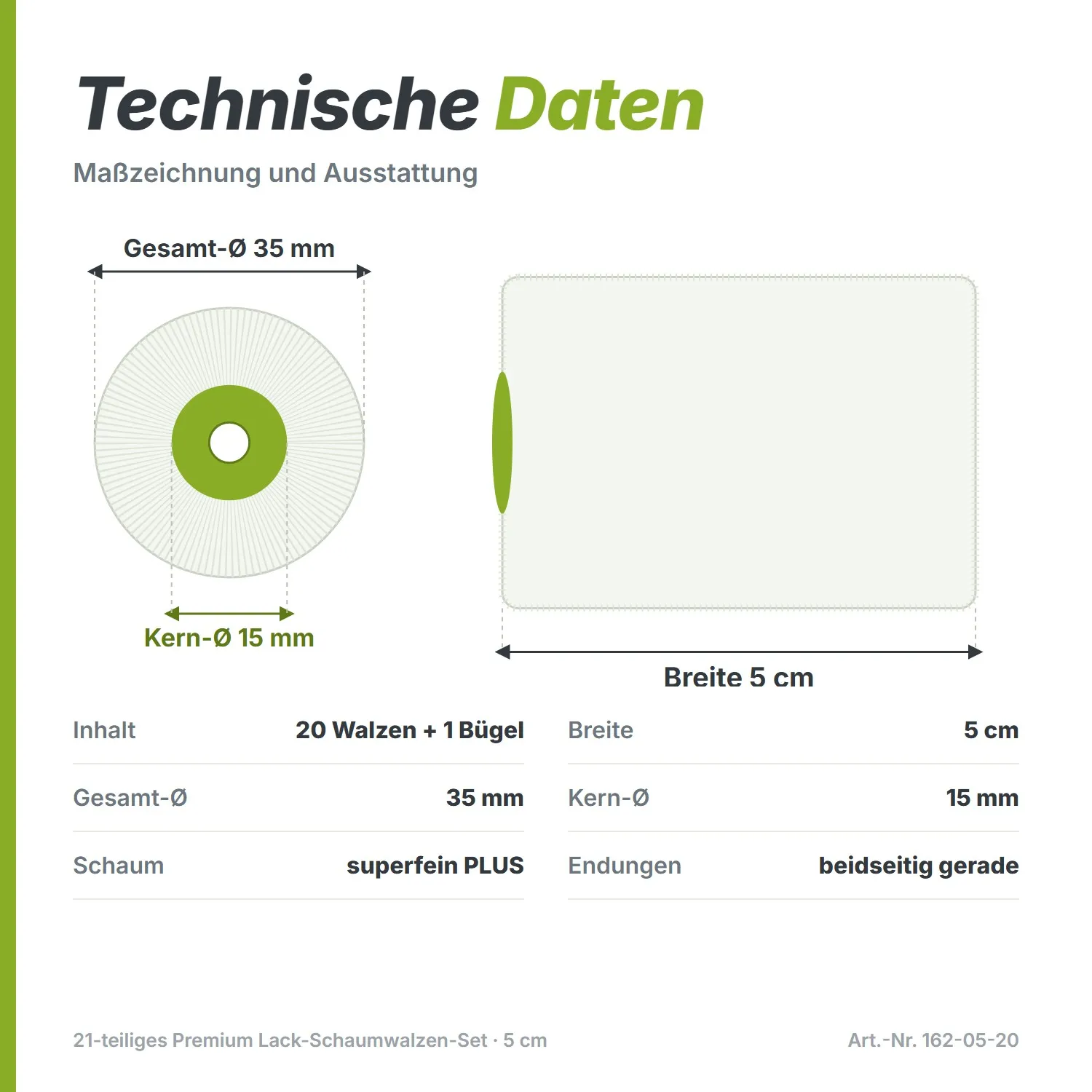 21-teiliges Premium Lack-Schaumwalzen-Set (5 cm) – Superfein, Gerade & inkl. Bügel