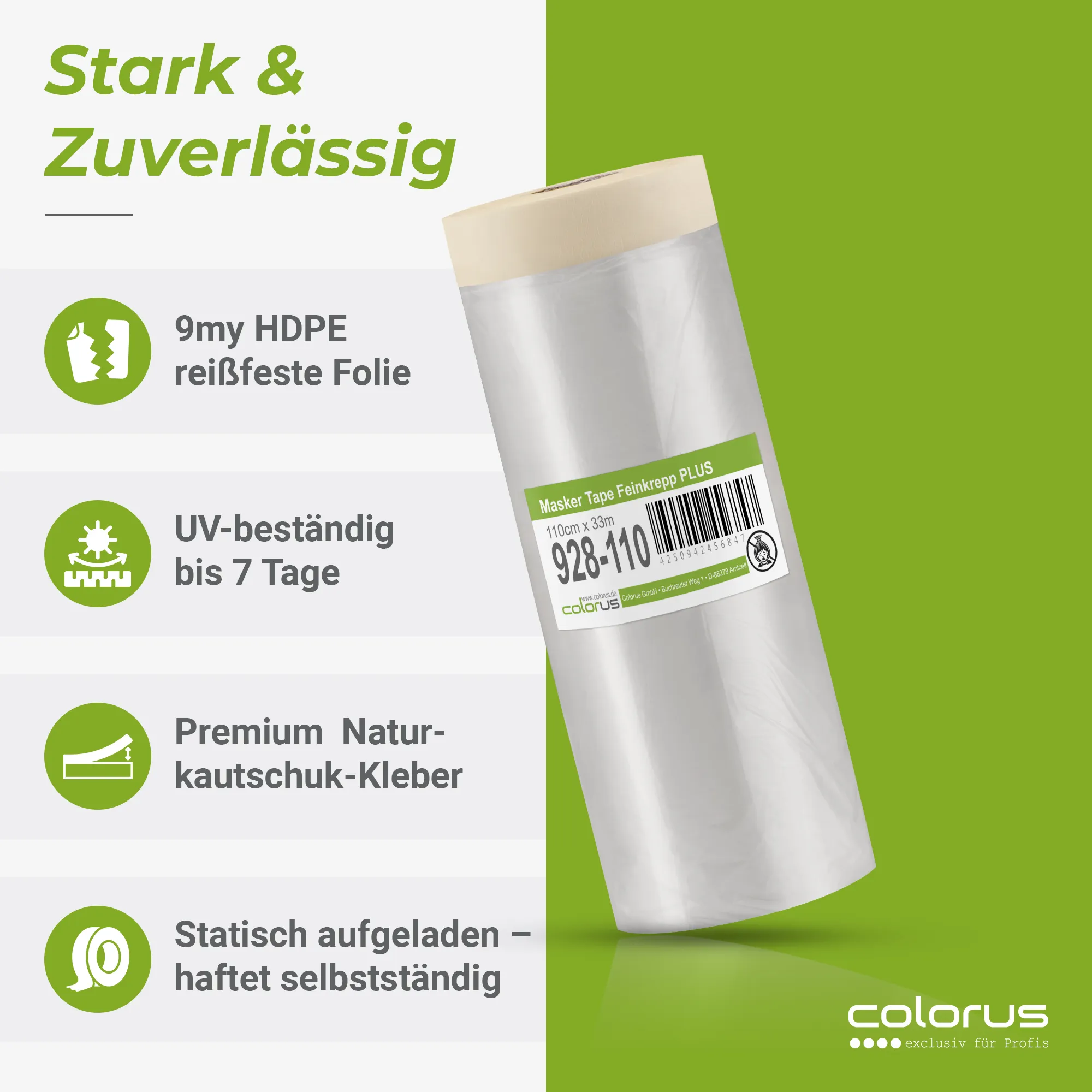 Colorus Premium Folien Masker Tape Kreppband mit Abdeckfolie 110cm x 33m