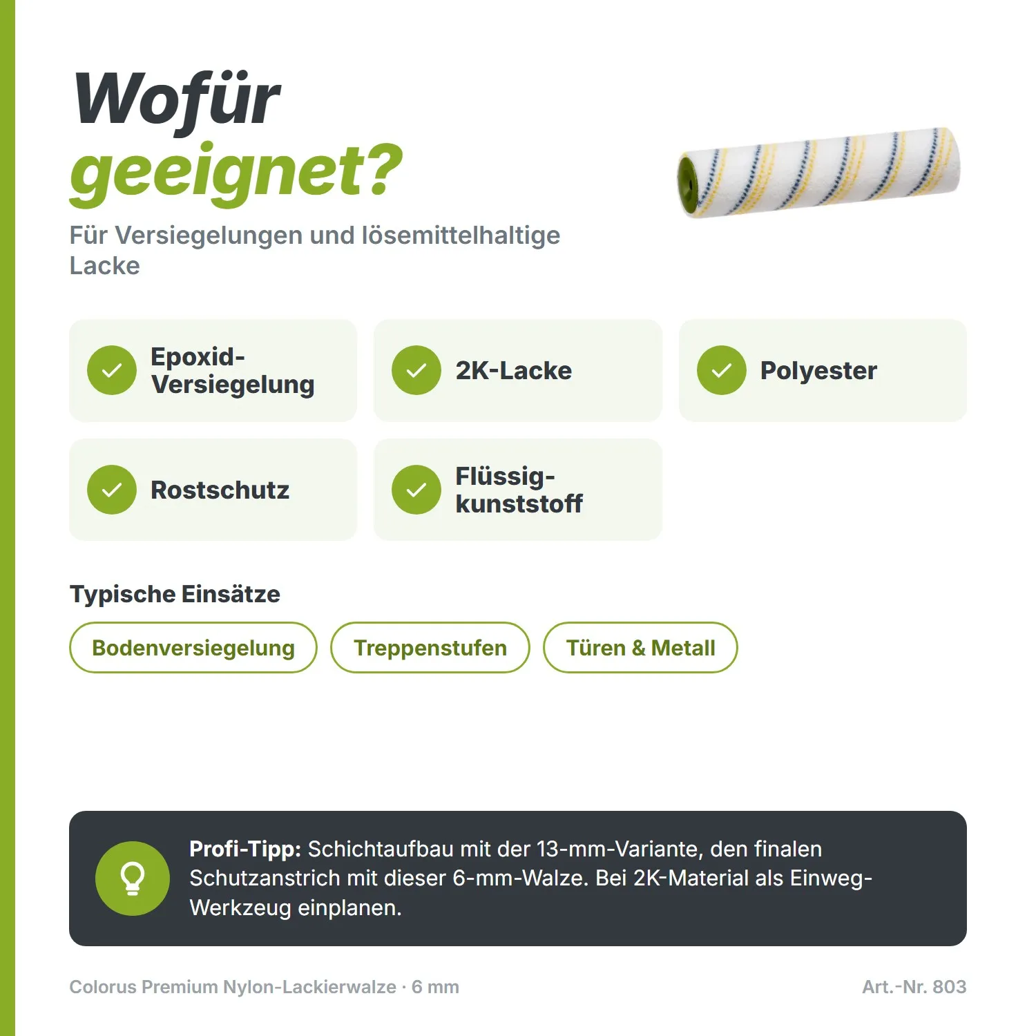 Colorus Premium Nylon Lackierwalze (25 cm) – Für Versiegelung & Lack (6 mm Flor)
