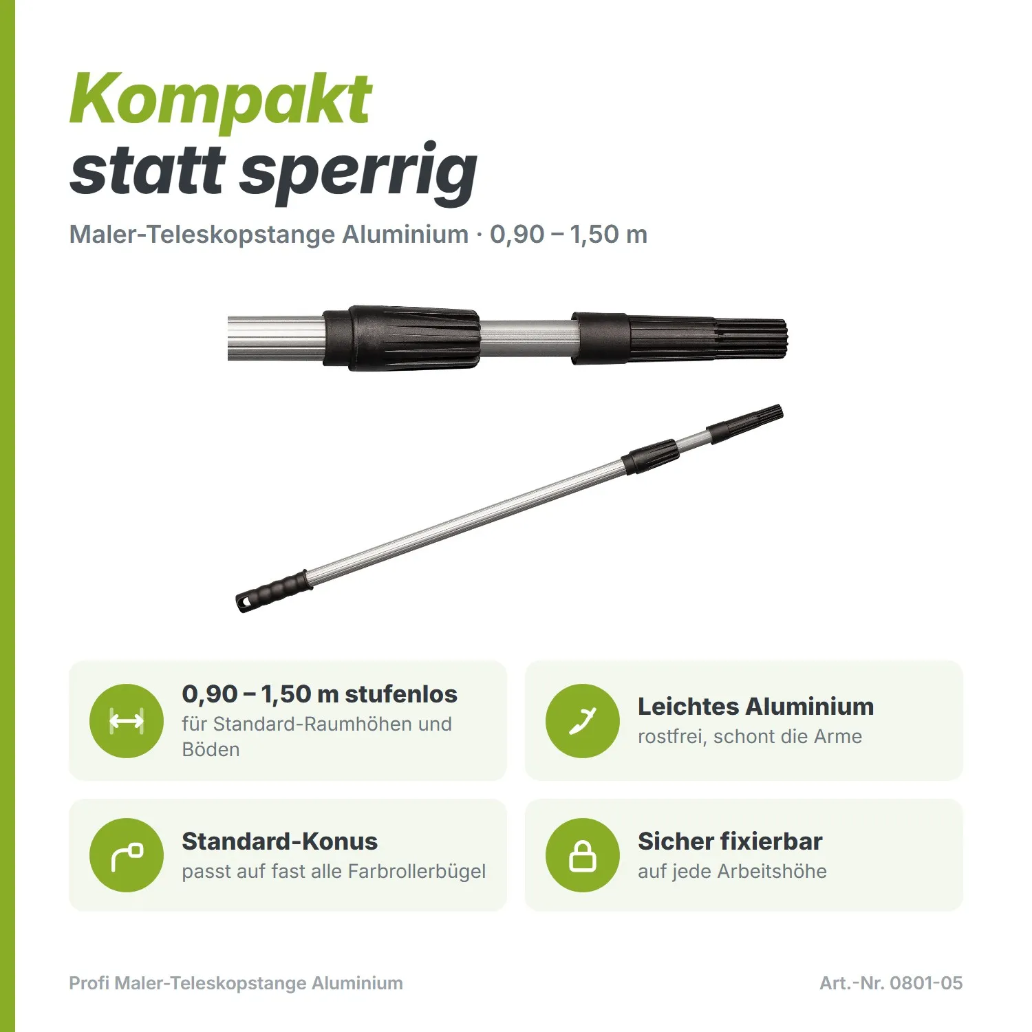 Profi Maler-Teleskopstange Aluminium (0,90 – 1,50 m) – Leicht & Kompakt