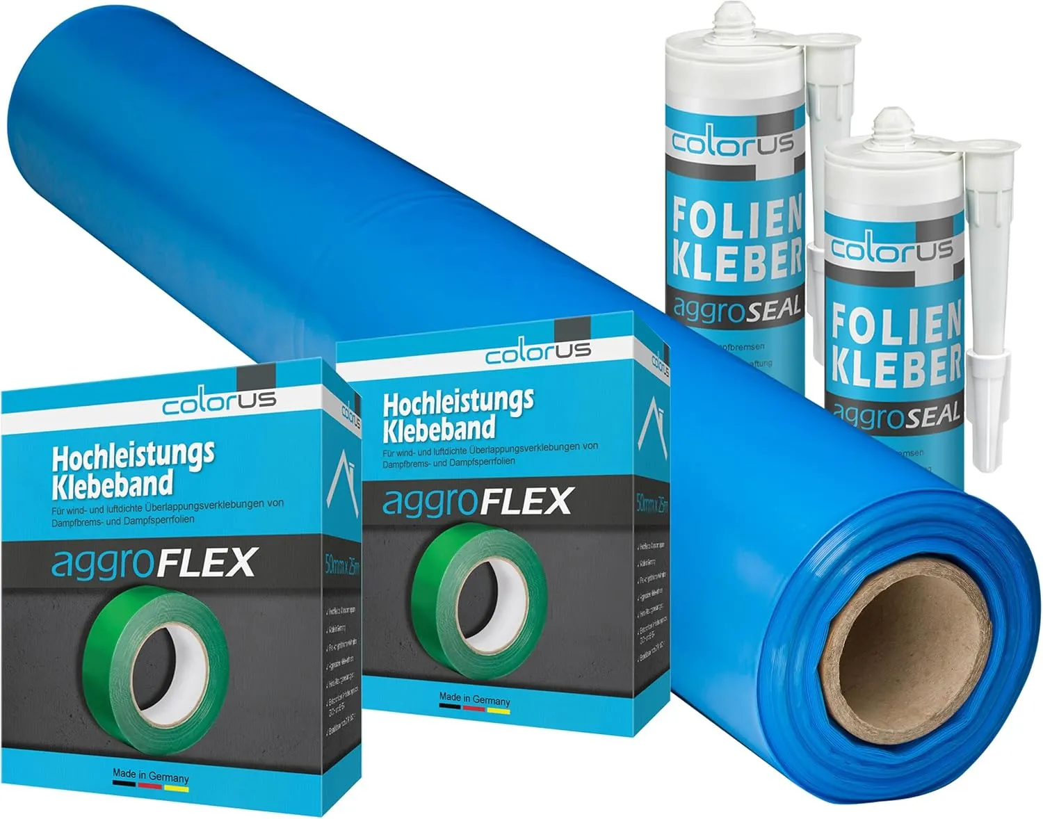Colorus Dampfbremse Set Dampfsperrfolie 4 x 25m inkl. 2x Aggro Flex Tape und 2x Folienkleber für 100m² | Dampfbremsfolie Dampfsperre mit Klebeband für Dampfsperre und Dampfsperre Kleber Dachfolie